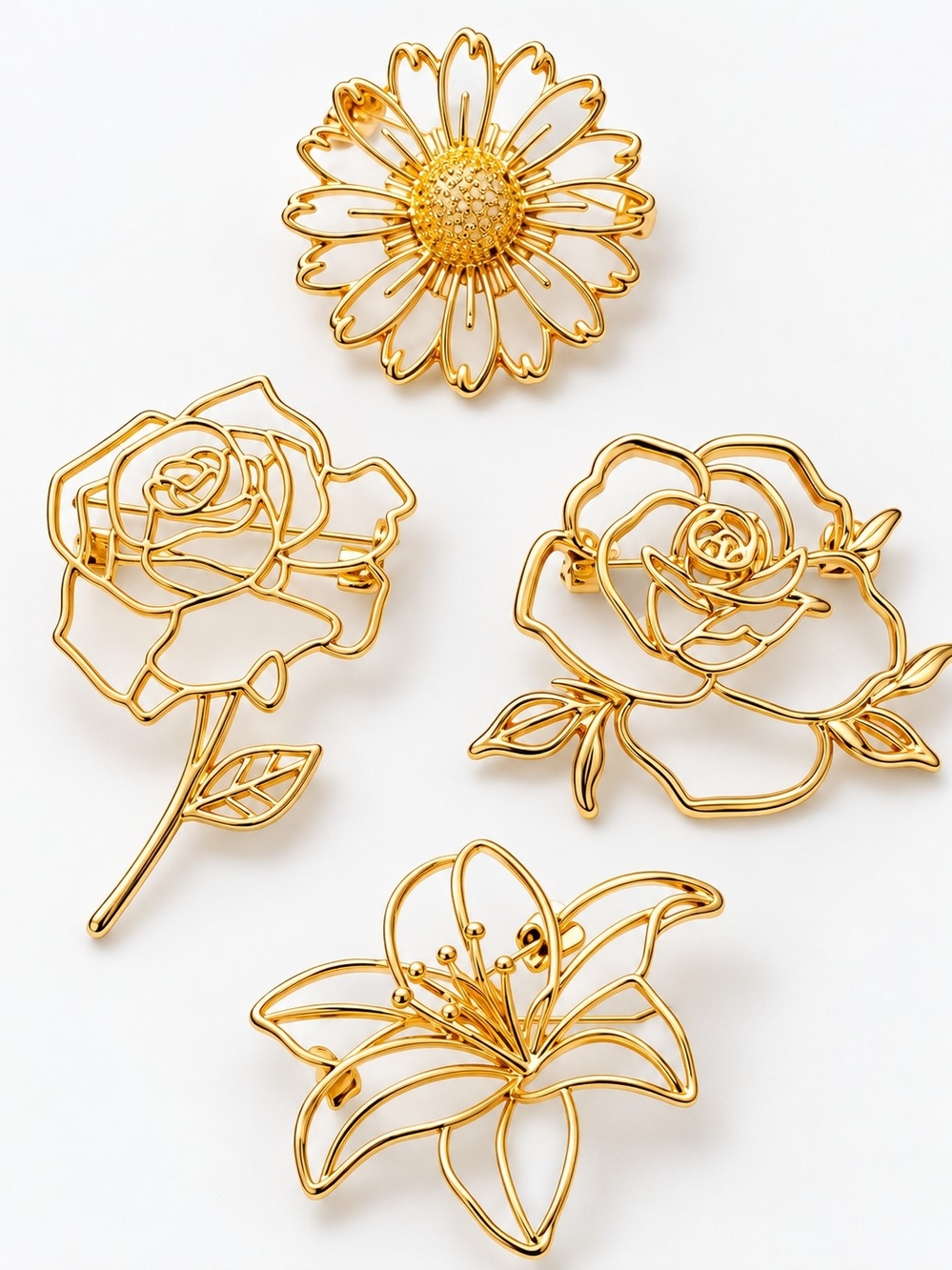 Gold Floral Outline Brooch - Elegant Women’s Jewelry